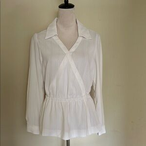Fred David White Peplum Wrap Blouse with Notched Collar
